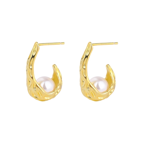 Orecchini a Bottone in Rame con Texture Irregolare e Perla Artificiale con Perno in Argento Sterling 925 Gioielli Donna
