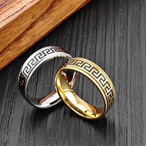 Anillo De Banda De Acero Inoxidable Patrón De Llave Griega Estilo Punk Vintage Ancho Pulido Para Hombres Mujeres