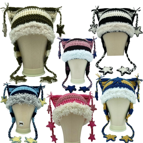 Bonnet Oreilles de Chat Crocheté Main pour Femmes Halloween Bonnet en Tricot Rayé Avec Pendentifs Étoiles Y2K Chaud Hiver