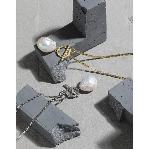Baroque Freshwater Pearl Necklace With 925 Sterling Silver Toggle Clasp Rectangle Link Chain French Retro Jewelry For Women