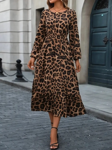 Elegant Leopard Print Midi Dress Polyester Lantern Sleeve Ruffle Hem Crew Neck Elastic Waist Casual Street Fashion For Women