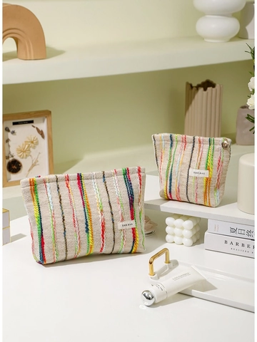 Borsa Cosmetici Strisce Verticali Colorate Tela Di Cotone Trucco Portatile Viaggio Organizzatore Beauty Case Mano
