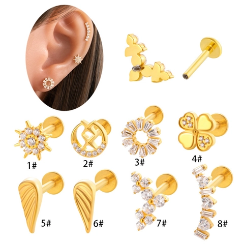 Joyería De Piercing Labret De Titanio F136 Con Rosca Interna Circón Trébol Sol Ala Para Mujer