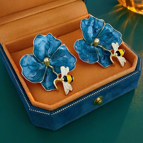 Vintage French Flower Bee Stud Earrings With Copper Enamel And Silver Earring Post