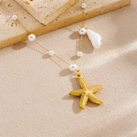 Stainless Steel Gold Plated Ocean Starfish Conch Pendant Necklace With Imitation Artificial Pearls Summer Beach Jewelry For Women