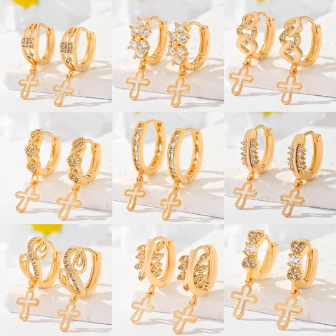 Fashion Gold Plated Copper Cross Pendant Hoop Earrings For Women Inlaid Zirconia Religious Style All Match Dangle Earrings