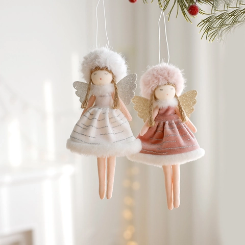 Christmas Angel Doll Pendant Long Legs Velvet Fabric Faux Fur Glitter Wings Hanging Ornament Tree Decor Nordic Style