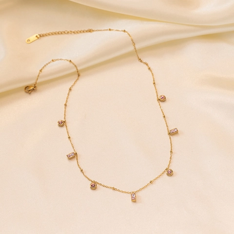 Collana E Bracciale In Acciaio Inossidabile Placcato Oro 18K Pendente Zircone Rosa Viola Tondo Rettangolo Donna