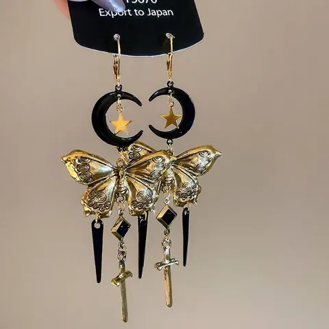 Pendientes Colgantes Góticos De Mariposa Luna Estrella Con Poste De Plata De Ley 925 Espada Vintage Daga Borla Larga Joyería