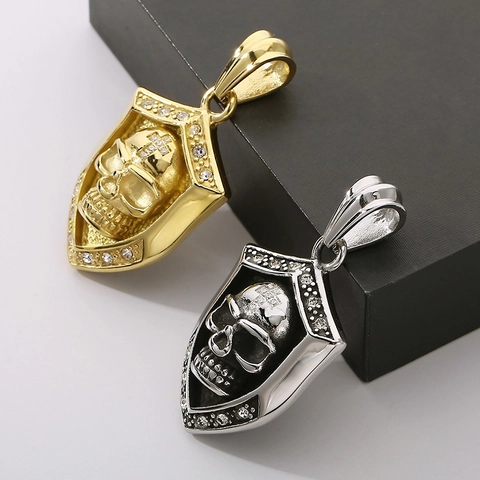 Skull Shield Pendant Necklace Stainless Steel Rhinestone Inlaid Cross Men Punk Retro Hip Hop Jewelry
