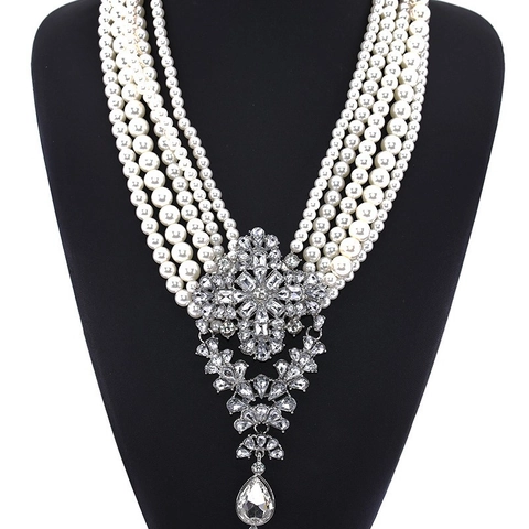 Multi Layer Faux Artificial Pearl Statement Necklace Rhinestone Crystal Water Drop Pendant Vintage Luxury Jewelry For Women