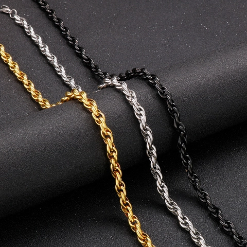 Rope Chain Necklace Stainless Steel Industrial Fashion Hip Hop Jewelry For Men With Lobster Clasp Smooth Glossy