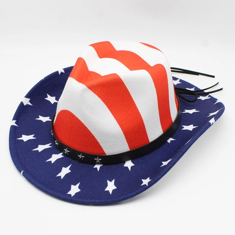 Western Cowboy Hat American Flag Pattern Stars Stripes Star Rivets Faux Leather Band Retro Patriotic Outdoor