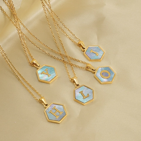 Collar Con Colgante De Letra Inicial Hexagonal Acero Inoxidable 304 Chapado En Oro 18K Nácar Mujeres