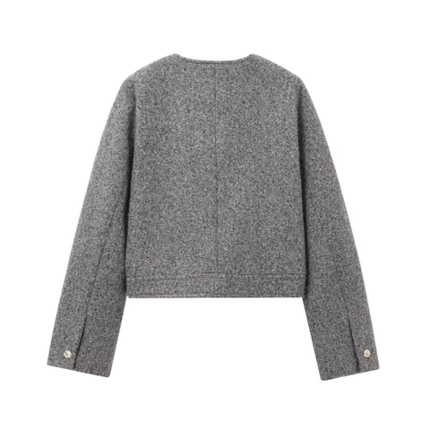 Chaqueta De Tweed Para Mujer Gris Boucle Abrigo Corto Cuello Redondo Botones Dorados Elegante Casual Oficina