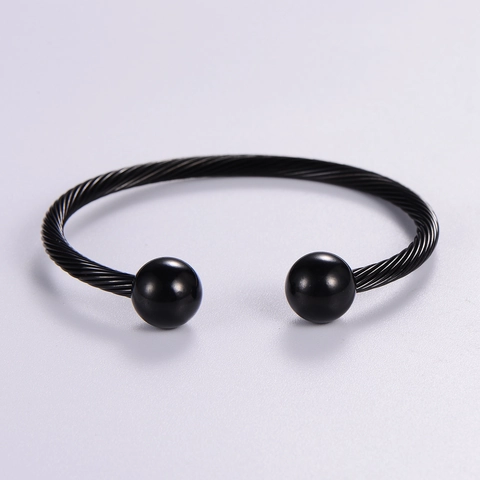 Minimalist 316L Stainless Steel Cable Open Bangle Bracelet With Ball Beads Adjustable Twisted Rope Jewelry