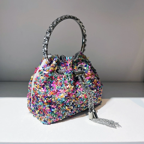 Damen Bunte Strass Eimer Tasche Metallring Griff Quaste Kordelzug Glitzernd Abendgesellschaft Luxus Mode Handtasche