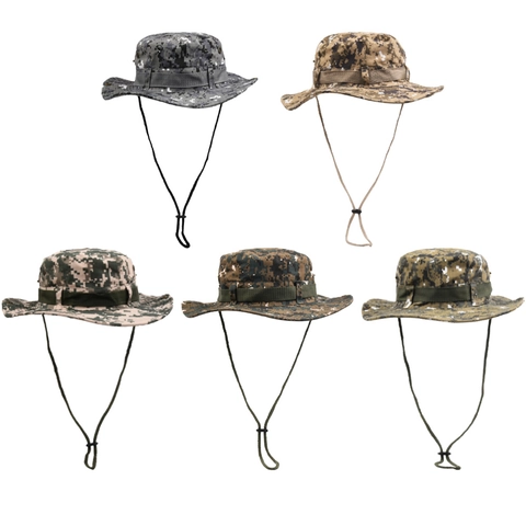 Digital Camouflage Boonie Hat Polyester Outdoor Sun Protection Hiking Fishing Wide Brim Bucket Hat With Adjustable Chin Strap Unisex