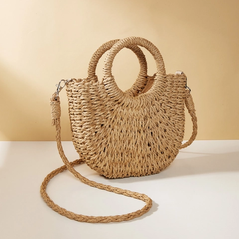 Women Woven Handbag Crescent Straw Paper Bag Semicircle Top Handle Crossbody Purse For Summer Beach Vacation
