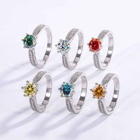 Anillo de Moissanita de Plata de Ley S925 para Mujer Lujo Corte Redondo Engaste de Seis Garras Joyería Regalo