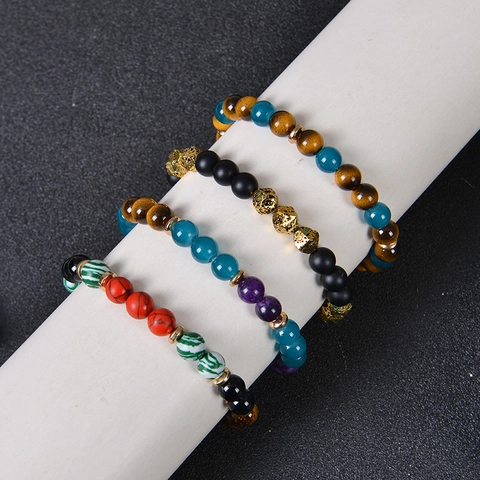 Pulsera De Cuentas De Piedra Natural Ojo De Tigre Y Cristal Azul Hecha A Mano Fortuna Elastica Unisex
