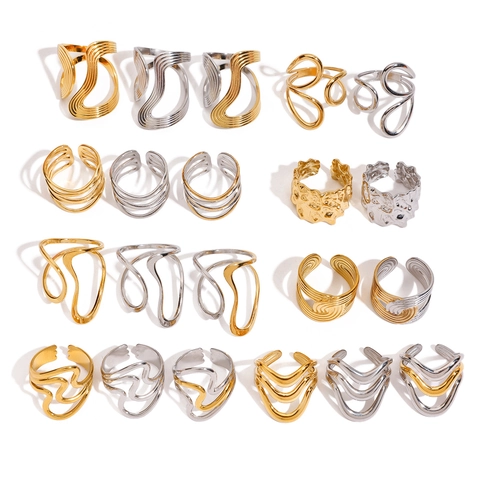 Irregular Wave Stainless Steel Rings Waterproof 18K Gold Plated Geometric Minimalist Adjustable Jewelry For Women