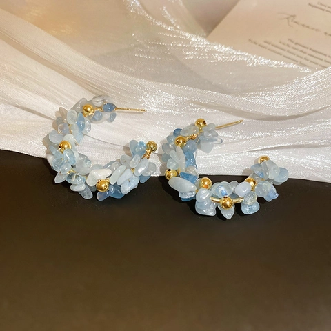 Aquamarine Crushed Stone C-Shape Stud Earrings With Silver Earring Post Geometric Vintage Style For Women