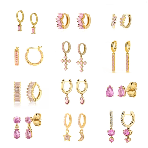 Roze Zirkoon Hoop Oorbellen Met 925 Sterling Zilveren Oorknopje Ster Maan Kruis Hart Geometrische Koperen Sieraden Voor Dames