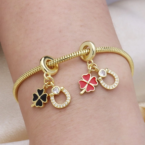 Four-leaf Clover Horseshoe Heart Charm Copper 18K Gold Plated Enamel Cubic Zirconia Pendant DIY Jewelry Women