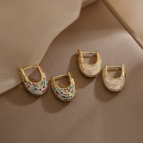 U-Förmige Creolen 18K Vergoldetes Kupfer Pavé-Zirkonia Bunte Steine Retro Luxus Geometrischer Schmuck Damen
