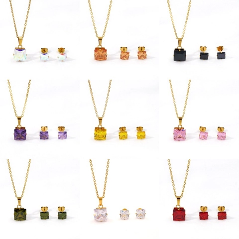 Juego de Joyas de Acero de Titanio Minimalista Colgante Cuadrado de Circonia Collar Pendientes Joyería Mujer