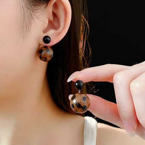 Leopard Muster Doppelball Ohrstecker Mit Silber Ohrstecker Harz Geometrische Chic Retro Stil Für Frauen