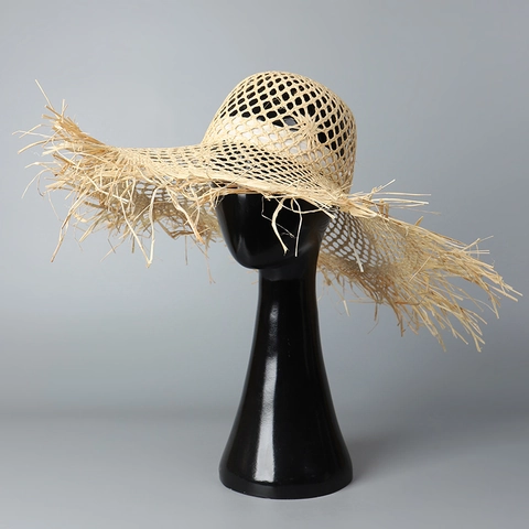 Women Wide Brim Raffia Straw Hat Hollow Out Woven Sun Protection Fringed Edge Bohemian Beach Vacation Foldable