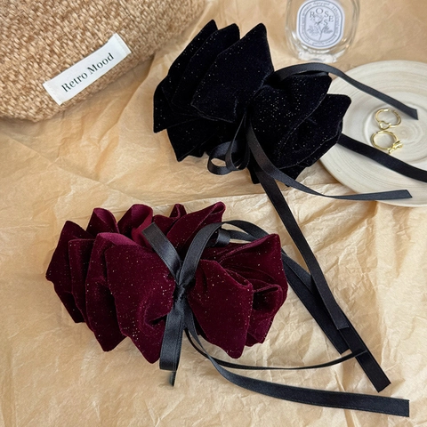 Oversized Velvet Bow Hair Clip Vintage French Elegant Long Ribbon Streamer Flocked Acrylic Twist Hair Accessory Women