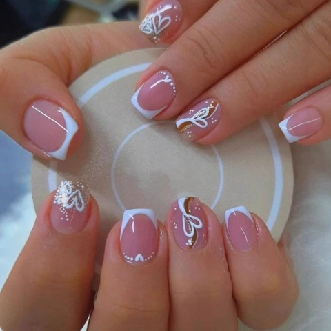 Press On Nails ABS Plastic Short Square White French Tips Heart Patterns Glitter Valentine Style