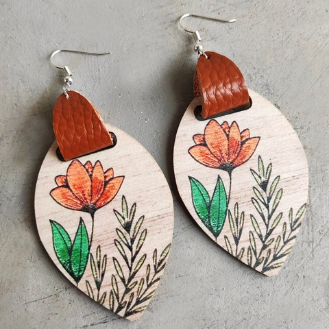 Boheme Tropfen Holz Ohrringe Blumenmuster Leder Detail Eisen Haken Ethnisch Retro Schmuck Für Frauen