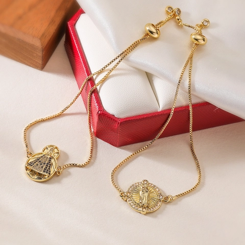 Virgin Mary Medal Charm Bracelet 18K Gold Plated Copper With Zirconia Adjustable Pull Chain Religious Jewelry For Women