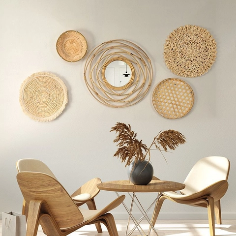 Boho Woven Wall Decor Handmade Rattan Straw Circular Hanging Ornaments Tassel Decorative Mirror Nordic Natural Style