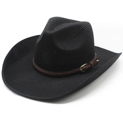 Western Cowboy Straw Hat With Woven Belt Metal Buckle Wide Brim Breathable Retro Summer Beach Sun Protection Travel Hat