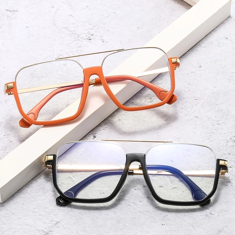 Anti Blue Light Glasses Square Oversized Metal PC Frame Double Bridge Retro Fashion Eyewear Women