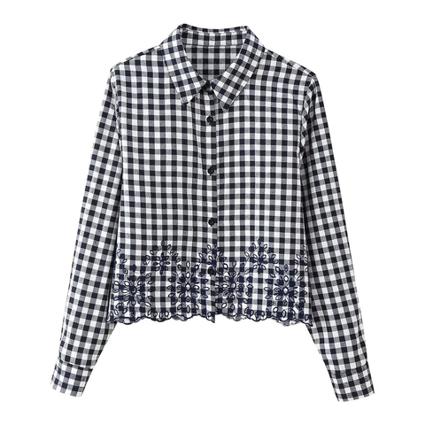 Women Gingham Long Sleeve Blouse Polyester Turn-Down Collar Button Up Floral Embroidered Scalloped Edge Retro Shirt