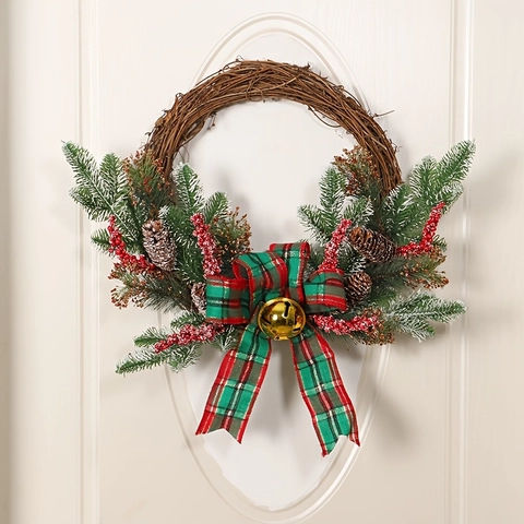 Corona Di Natale Decorazione Porta Pigna Bacca Rossa Fiocco A Quadri Campanello Di Metallo Ghirlanda Di Vimini