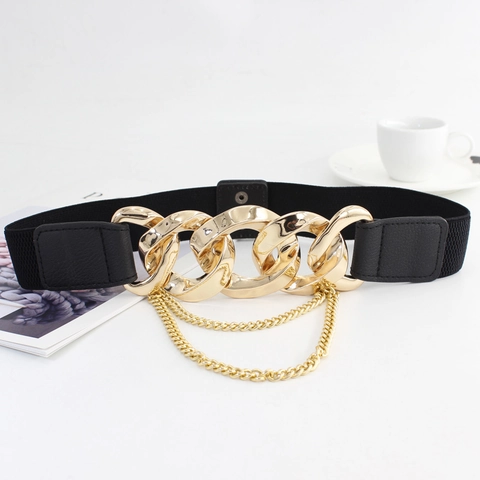 Damen Mode Elastischer Korsettgürtel PU Leder Mit Metallketten Quaste Punk Stil Kleid Taillengürtel