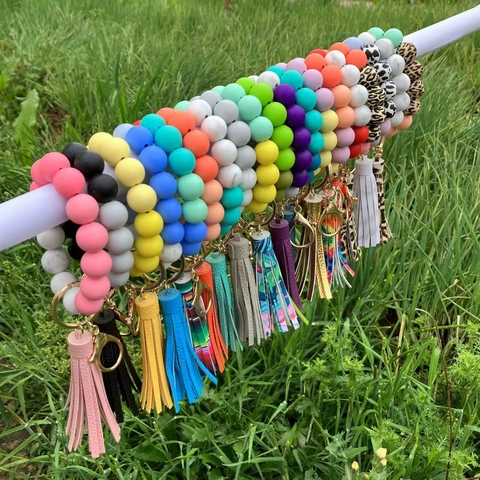 Silicone Beaded Bracelet Wristlet Keychain With PU Leather Tassel Marble Leopard Pattern Metal Key Ring For Keys