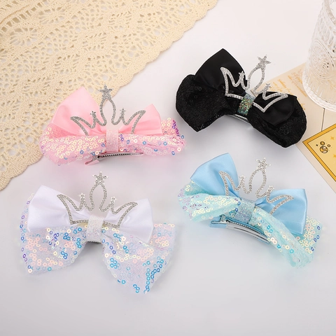 Pinza Para El Pelo Con Lazo Para Niñas Con Corona De Diamantes De Imitación Lentejuelas Satén Horquilla Princesa Fiesta Elegante