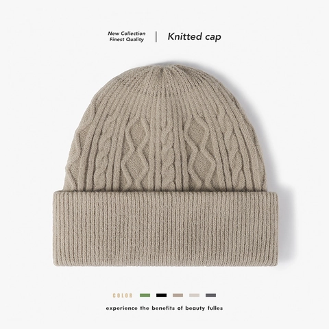 Gorro De Punto Trenzado Color Sólido Grueso Cálido Invierno Lana Para Hombre Y Mujer Exterior Diario