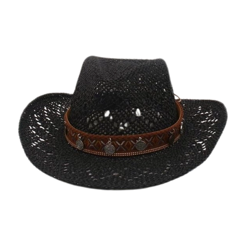 Women Retro Cowboy Straw Hat Hollow Breathable Sun Shade Beach Bohemian Ethnic Band Metal Coins
