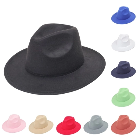 Wide Brim Fedora Hat Solid Color Polyester Felt Vintage British Style Jazz Cap For Men Women