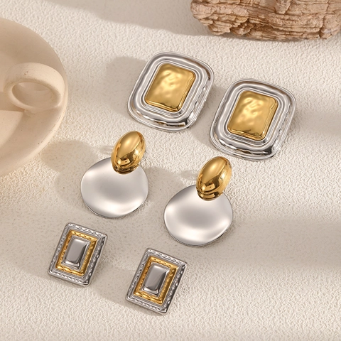 Orecchini Geometrici In Acciaio Inossidabile Bicolore Placcati Oro Argento Testurizzati Rettangolari Quadrati Gioielli Per Donne