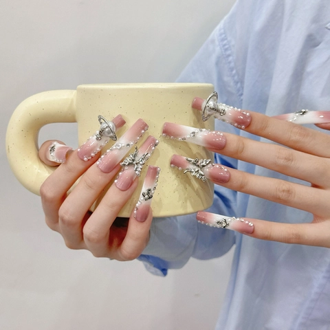 Handmade Press On Nails Pink White Ombre Gradient With 3D Butterfly Planet Orb Artificial Pearls Rhinestone French Y2K Style